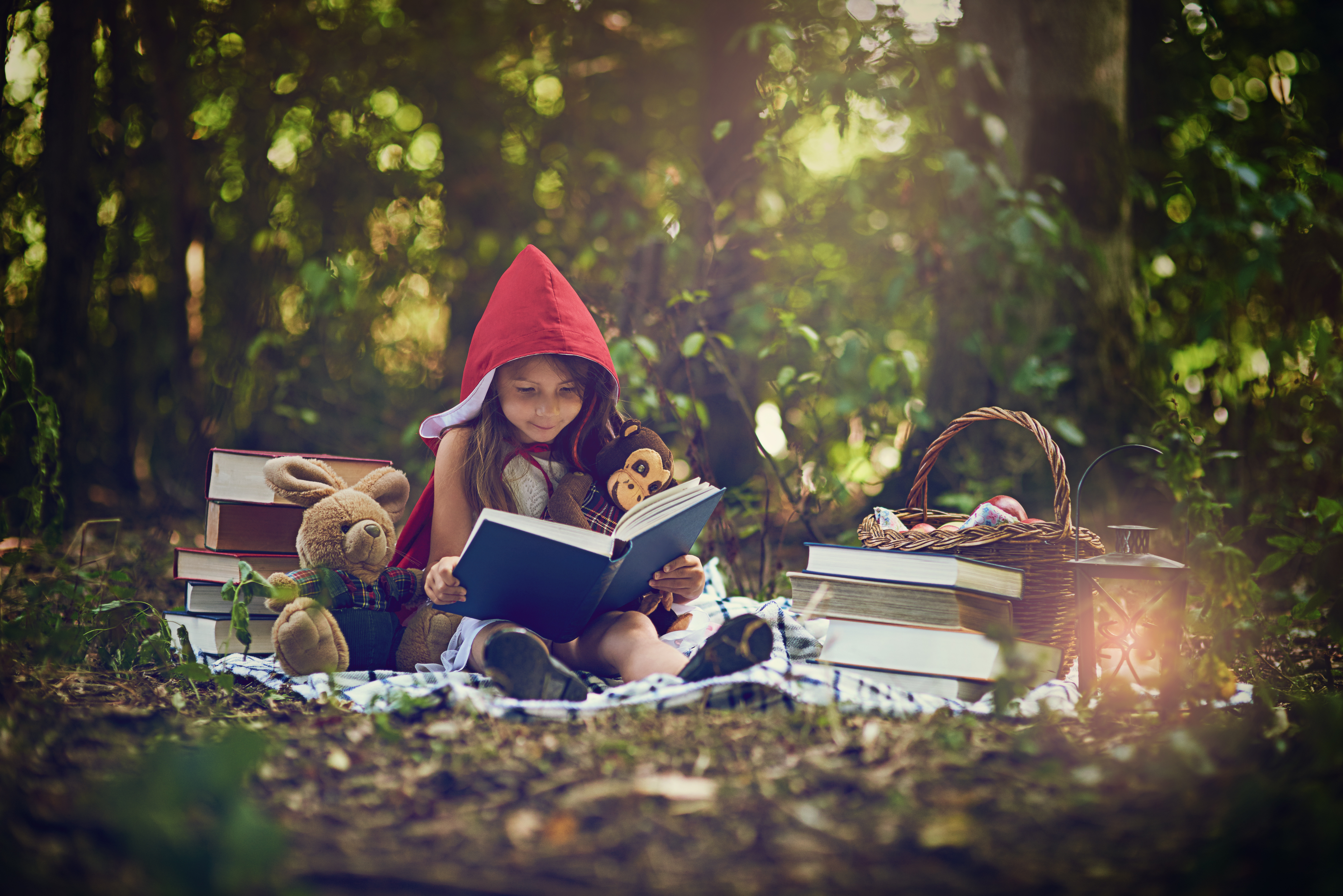 A child reading a storybook in the forest
